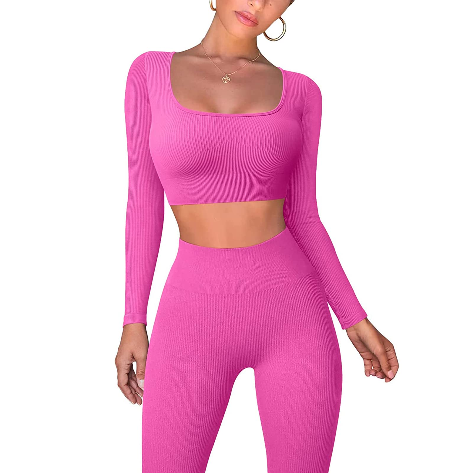 Workout Sets for Women 2 Piece Ribbed Long Sleeve Sport Cropped Top Matching Leggings Yoga Gym Lounge Outfits(Hot Pink,Small)