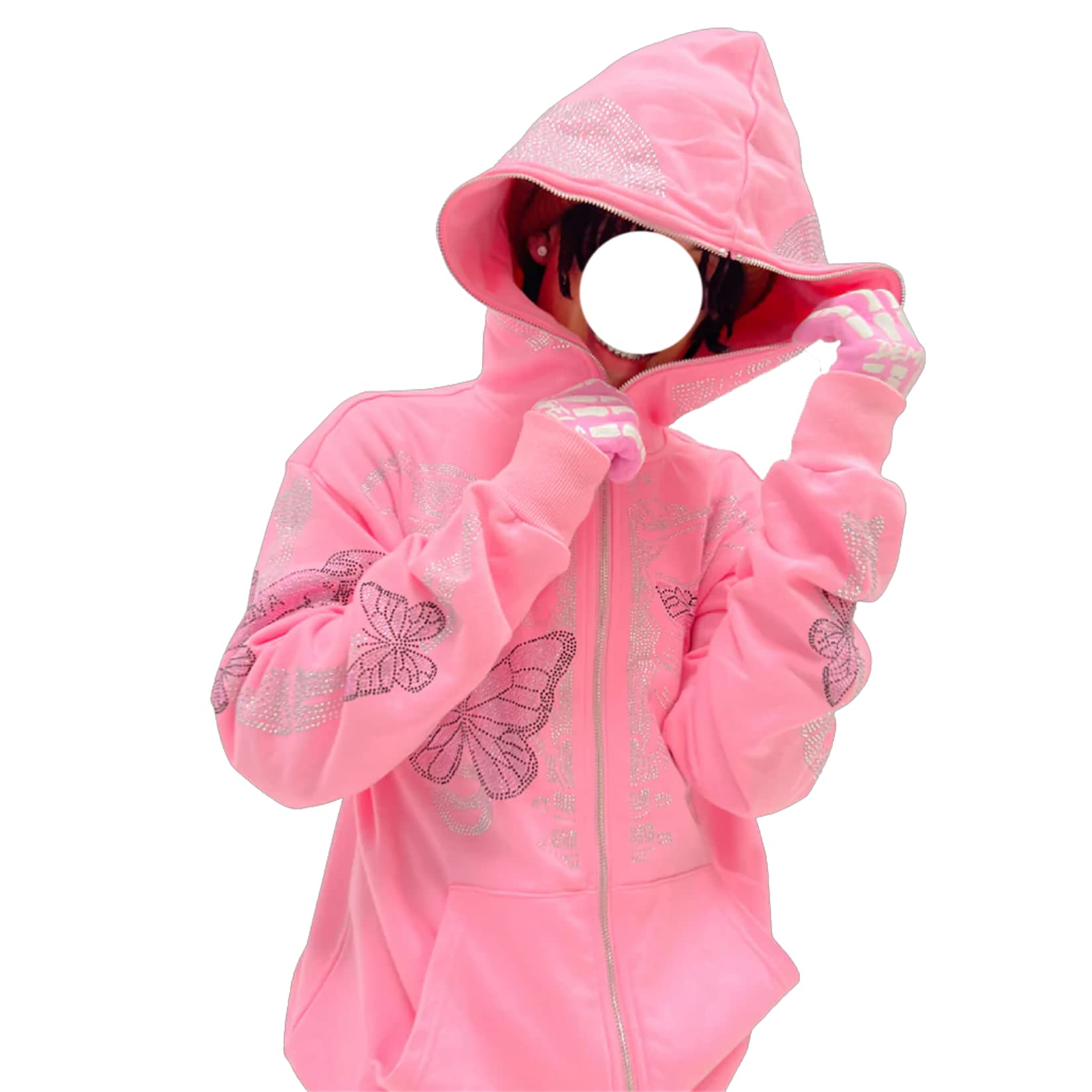 iTranyee Unisex Adult Y2k Rhinestone Skeleton Zipper Hoodies Punk Sparkly Oversized Hooded Sweatshirt Goth Loose Jacket (Pink, S)