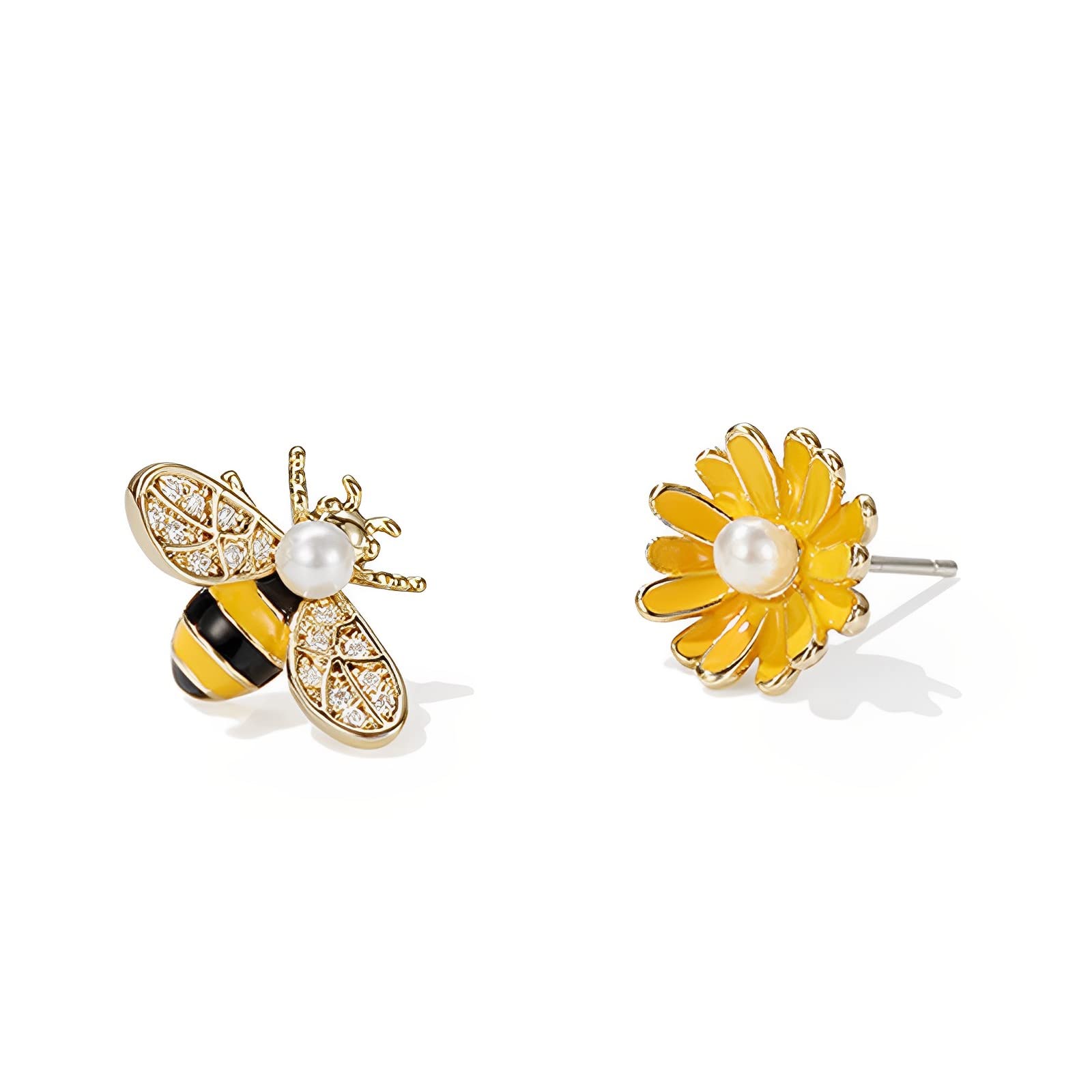 925 Sterling Silver Post Bee Flower Earrings Stud Cold Enamel Asymmetric for Women and Girls Jewelry Gift