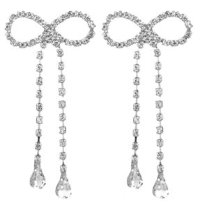 lakiyoyo rhinestones bow drop earrings for women crystal silver bowknot tassels statement earrings lightweight shiny bar earrings set jewelry