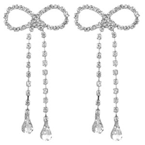 LAKIYOYO Rhinestones Bow Drop Earrings for Women Crystal Silver Bowknot Tassels Statement Earrings Lightweight Shiny Bar Earrings Set Jewelry