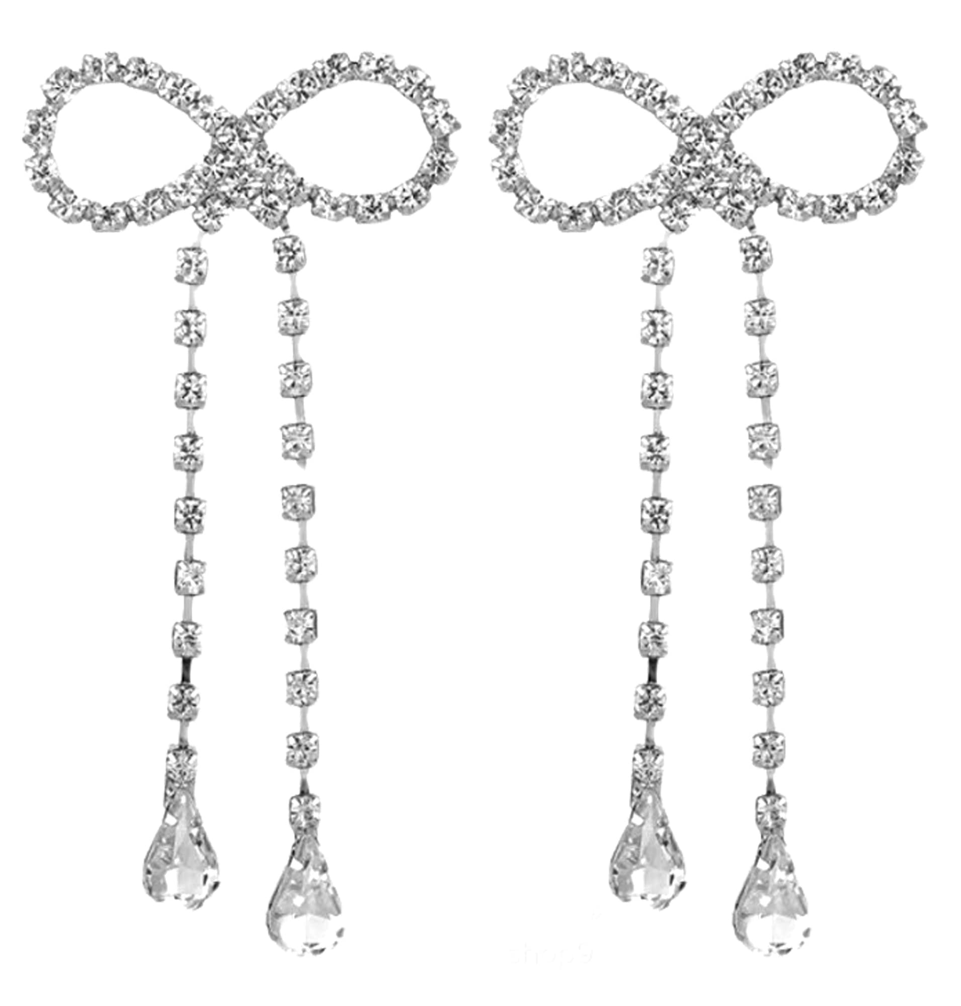 LAKIYOYO Rhinestones Bow Drop Earrings for Women Crystal Silver Bowknot Tassels Statement Earrings Lightweight Shiny Bar Earrings Set Jewelry