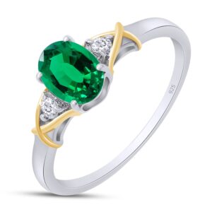 SAVEARTH DIAMONDS 2 Tone 14K Yellow Gold Plated 925 Sterling Silver Oval Shape Green Nano Emerald and Round Shape Lab Grown Diamond Women Ring (0.85 Cttw) Ring Size - 7