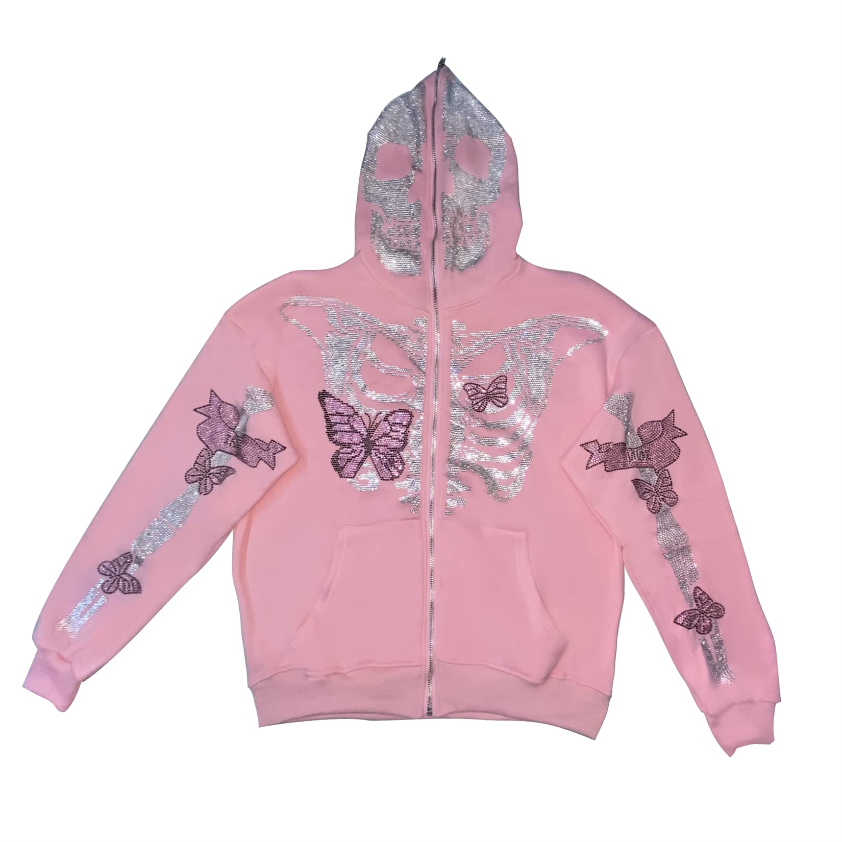 iTranyee Unisex Adult Y2k Rhinestone Skeleton Zipper Hoodies Punk Sparkly Oversized Hooded Sweatshirt Goth Loose Jacket (Pink, S)