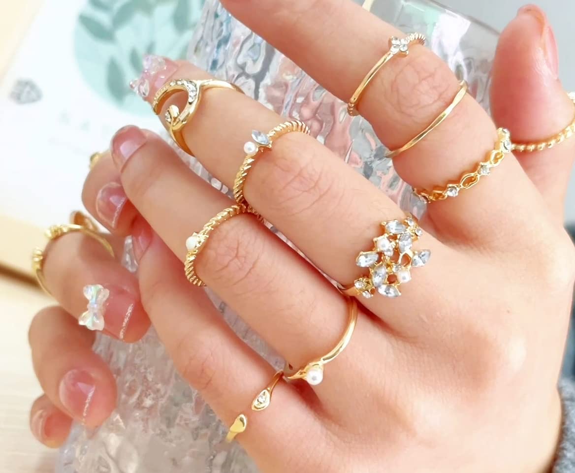 YYDSVOVO 9/15/22PCS Knuckle Stacking Rings Set for Women Vintage Rhinestone Finger Statement Ring Sets Simple Carved Stackable Ring (gold 1)