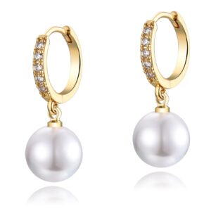 CERSLIMO Gold Pearl Earrings for Women | S925 Sterling Silver Post Simulated Shell Pearl Hoop Dangle Drop Earrings, Hypoallergenic Cubic Zirconia Huggies Earrings Bridesmaid Jewelry