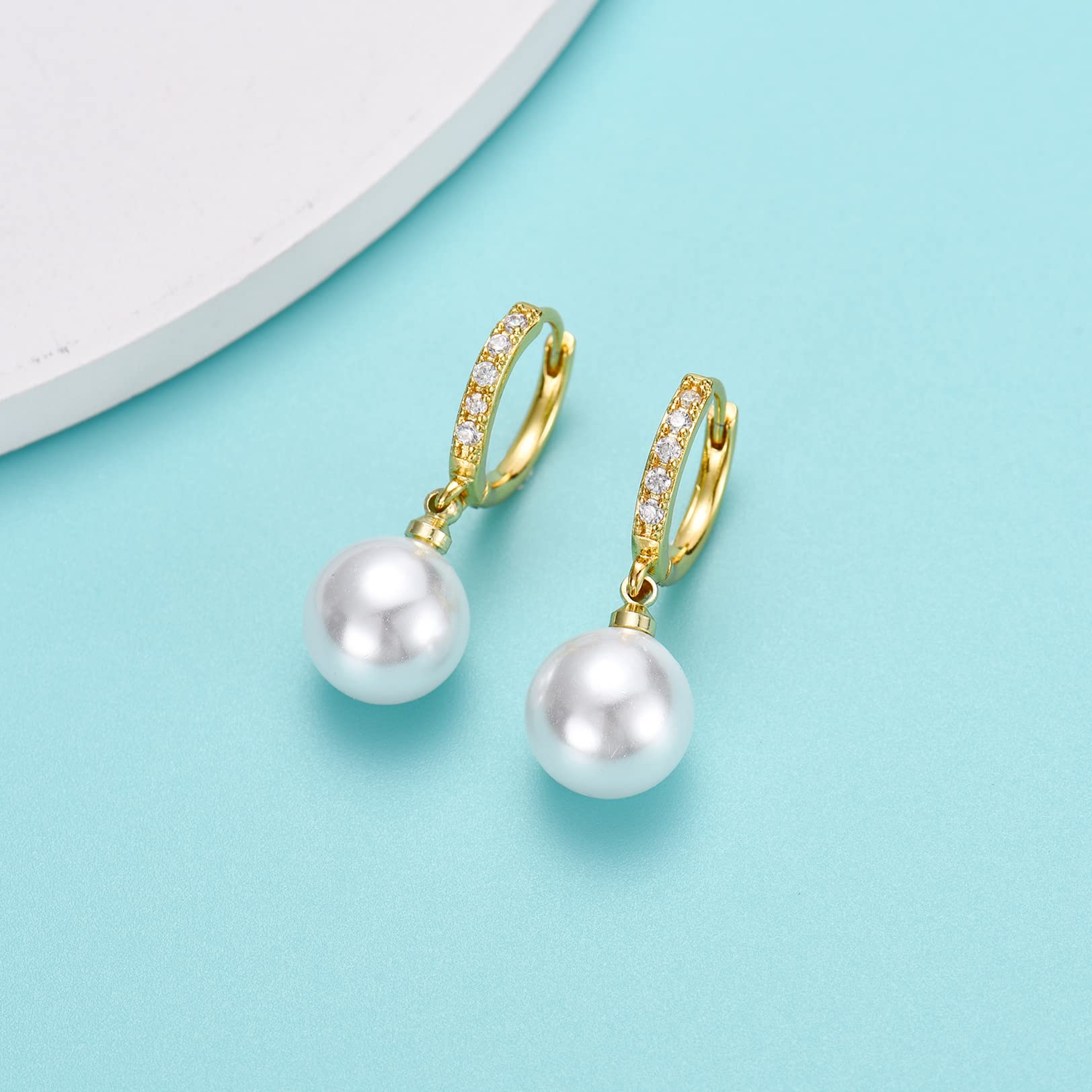 CERSLIMO Gold Pearl Earrings for Women | S925 Sterling Silver Post Simulated Shell Pearl Hoop Dangle Drop Earrings, Hypoallergenic Cubic Zirconia Huggies Earrings Bridesmaid Jewelry