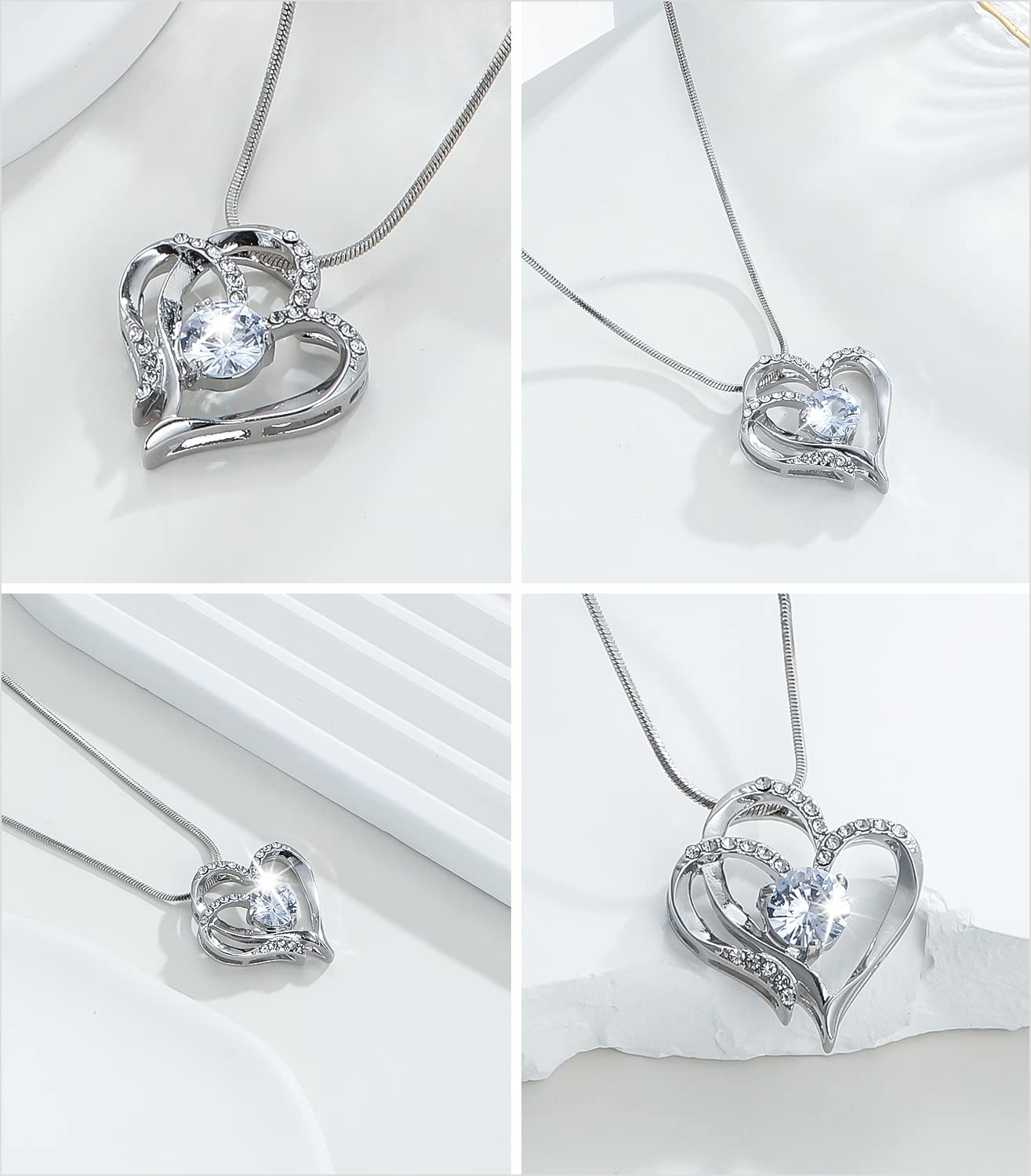 REJOY24 Heart Pendant Goodluck Necklace made of Brass, Platinum Plated coating with Shiny Rhinestone (Box included)