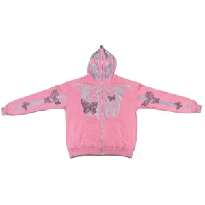 iTranyee Unisex Adult Y2k Rhinestone Skeleton Zipper Hoodies Punk Sparkly Oversized Hooded Sweatshirt Goth Loose Jacket (Pink, S)