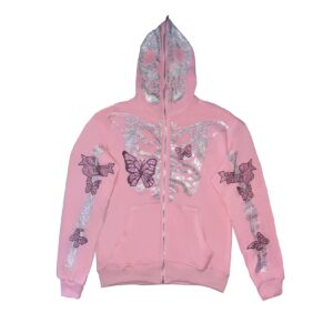 iTranyee Unisex Adult Y2k Rhinestone Skeleton Zipper Hoodies Punk Sparkly Oversized Hooded Sweatshirt Goth Loose Jacket (Pink, S)