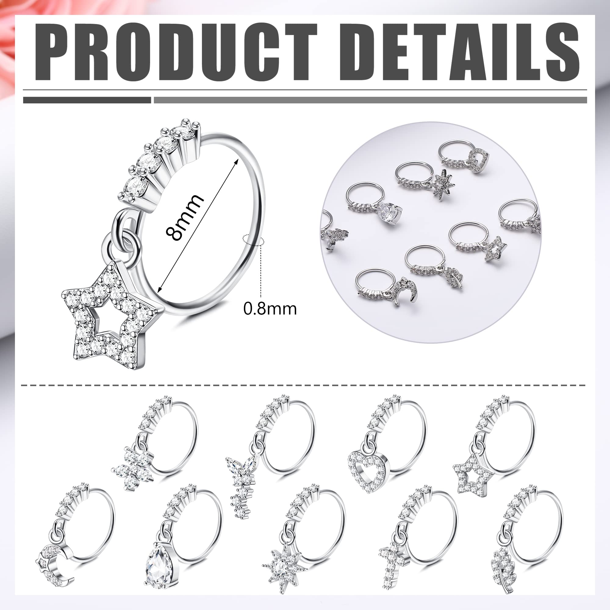 ORAZIO 9Pcs Dangle Nose Rings Dangling Nose Hoops 20G Nose Rings for Women, cubic-zirconia