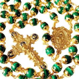 elegantmedical HANDMADE 18K Gold Plated UNDOUBTED Malachite Rosary Prayer Beads Necklace Catholic Gift & Box