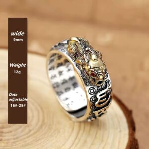 Jeshowmen Feng Shui Ring, Anillo Pixiu Ring, Adjustable Buddhist Heart Sutra Ring for Wealth and Protection Good Luck Money Amulet (A)