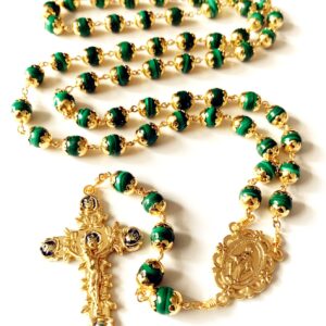 elegantmedical HANDMADE 18K Gold Plated UNDOUBTED Malachite Rosary Prayer Beads Necklace Catholic Gift & Box