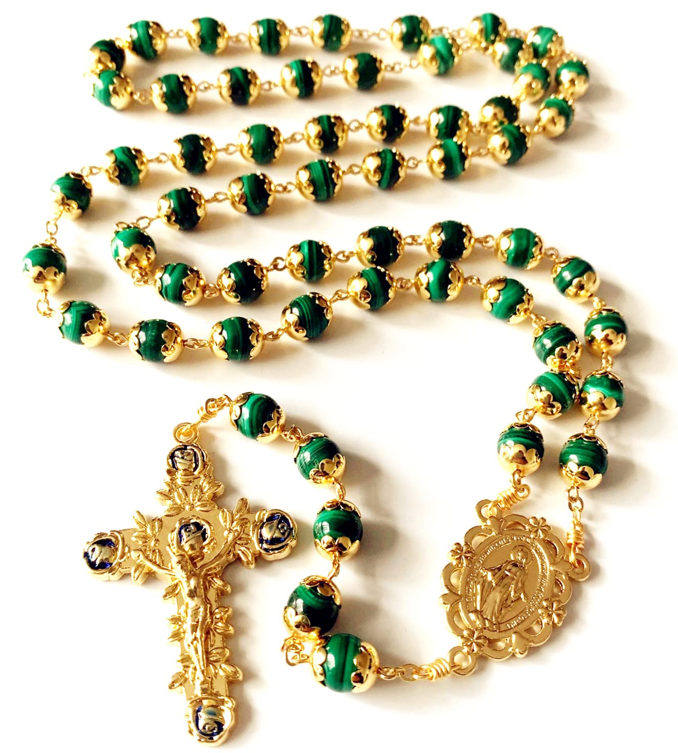 elegantmedical HANDMADE 18K Gold Plated UNDOUBTED Malachite Rosary Prayer Beads Necklace Catholic Gift & Box