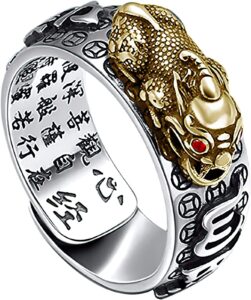 jeshowmen feng shui ring, anillo pixiu ring, adjustable buddhist heart sutra ring for wealth and protection good luck money amulet (a)