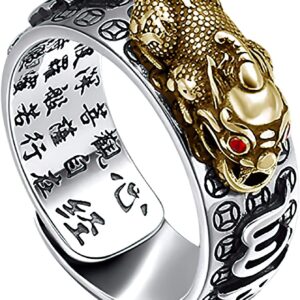 Jeshowmen Feng Shui Ring, Anillo Pixiu Ring, Adjustable Buddhist Heart Sutra Ring for Wealth and Protection Good Luck Money Amulet (A)