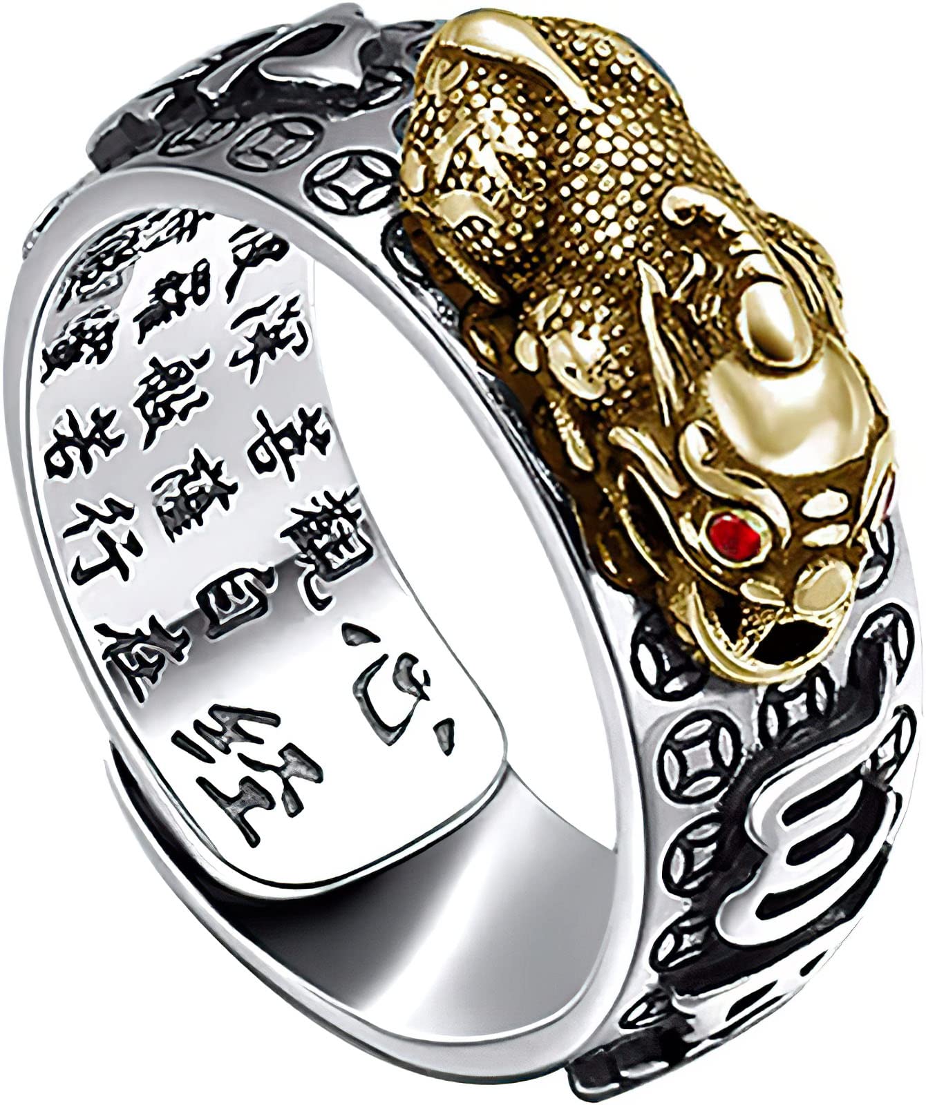 Jeshowmen Feng Shui Ring, Anillo Pixiu Ring, Adjustable Buddhist Heart Sutra Ring for Wealth and Protection Good Luck Money Amulet (A)