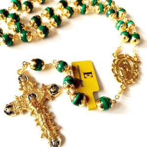 elegantmedical HANDMADE 18K Gold Plated UNDOUBTED Malachite Rosary Prayer Beads Necklace Catholic Gift & Box