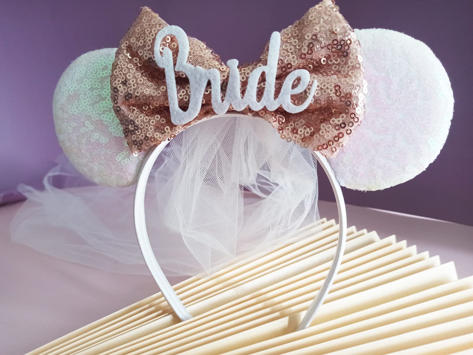 MapleLeaf Bride To Be Minnie Ears Headband, White Bridal Veil, Honeymoon Ears for Engagement Party or Bachelorette (White)