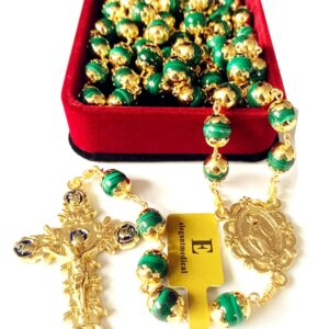 elegantmedical HANDMADE 18K Gold Plated UNDOUBTED Malachite Rosary Prayer Beads Necklace Catholic Gift & Box