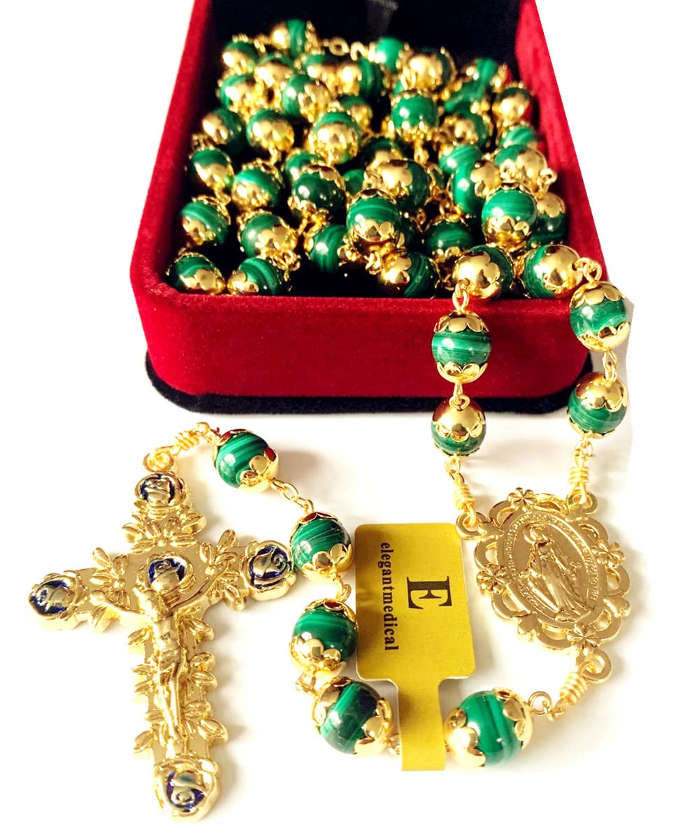 elegantmedical HANDMADE 18K Gold Plated UNDOUBTED Malachite Rosary Prayer Beads Necklace Catholic Gift & Box