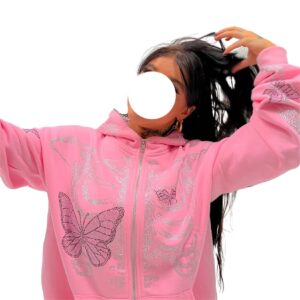 iTranyee Unisex Adult Y2k Rhinestone Skeleton Zipper Hoodies Punk Sparkly Oversized Hooded Sweatshirt Goth Loose Jacket (Pink, S)