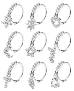 orazio 9pcs dangle nose rings dangling nose hoops 20g nose rings for women, cubic-zirconia