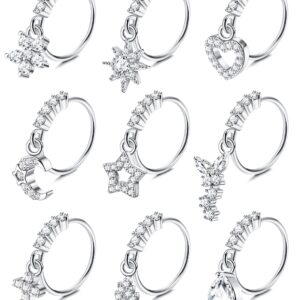 ORAZIO 9Pcs Dangle Nose Rings Dangling Nose Hoops 20G Nose Rings for Women, cubic-zirconia