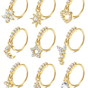 ORAZIO 9Pcs Dangle Nose Rings Dangling Nose Hoops 20G Nose Rings for Women, cubic-zirconia