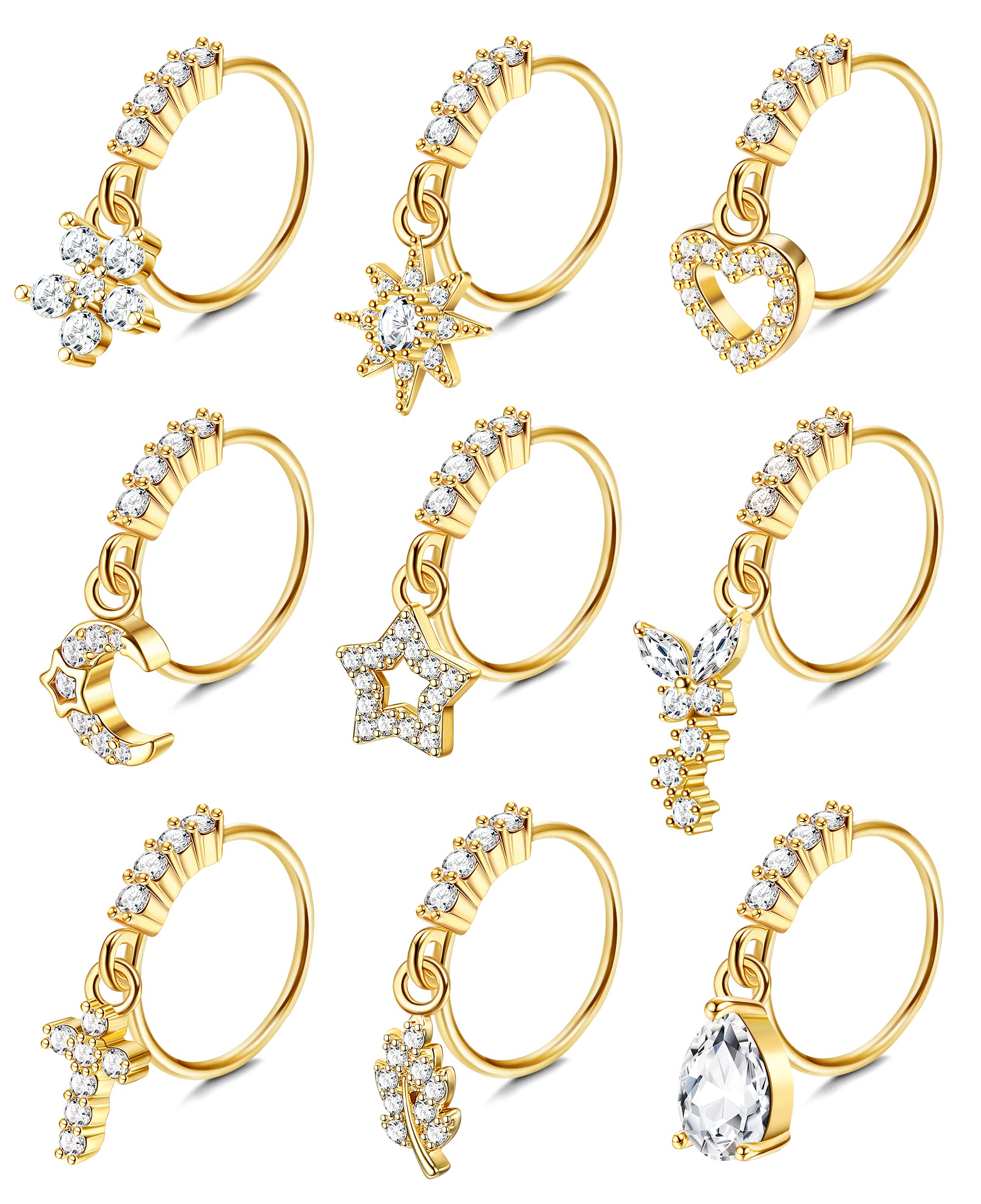 ORAZIO 9Pcs Dangle Nose Rings Dangling Nose Hoops 20G Nose Rings for Women, cubic-zirconia