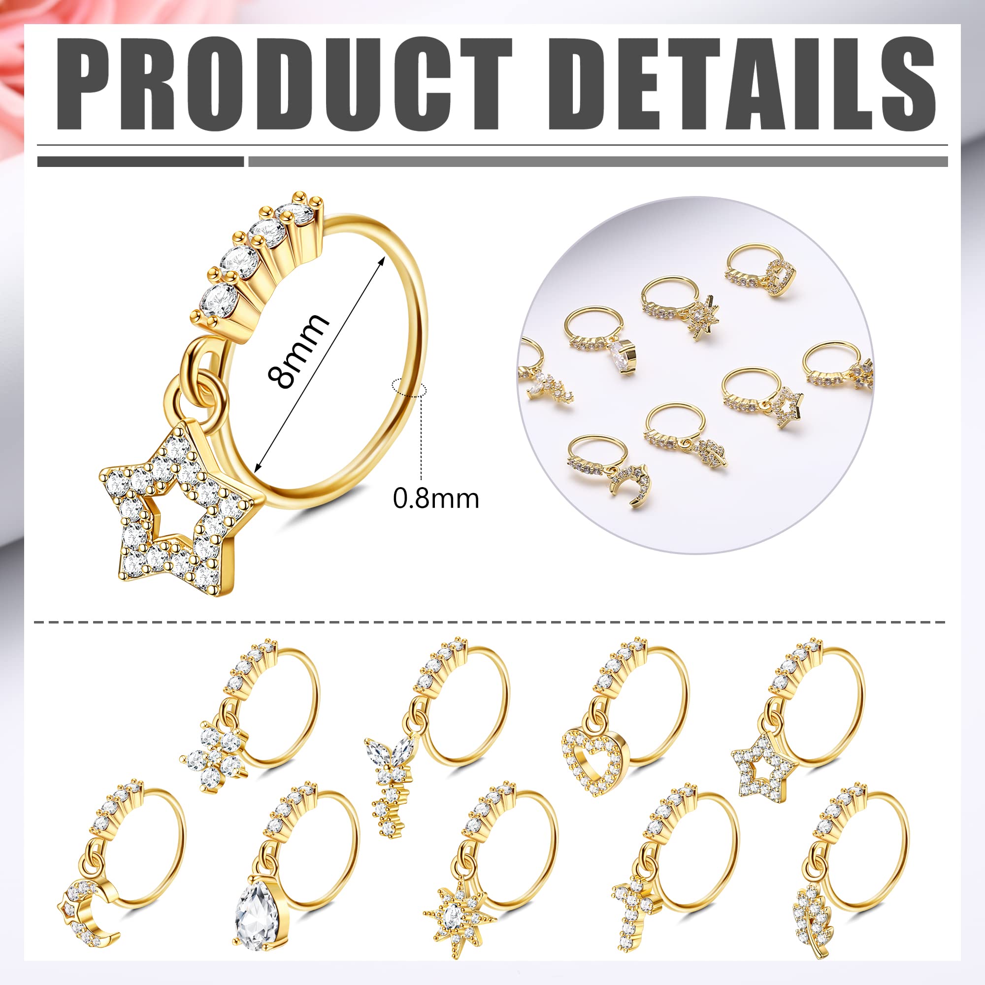 ORAZIO 9Pcs Dangle Nose Rings Dangling Nose Hoops 20G Nose Rings for Women, cubic-zirconia