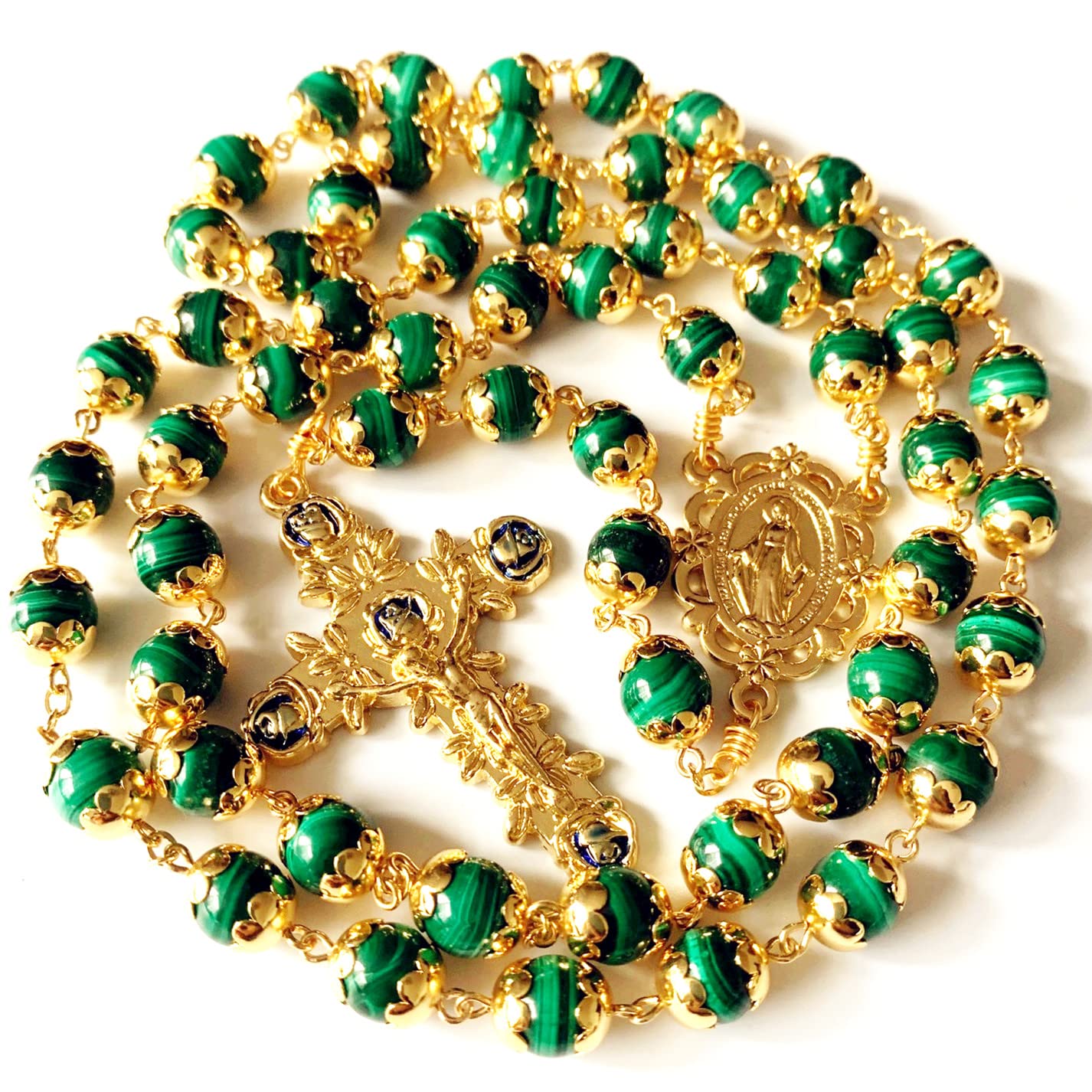 elegantmedical HANDMADE 18K Gold Plated UNDOUBTED Malachite Rosary Prayer Beads Necklace Catholic Gift & Box