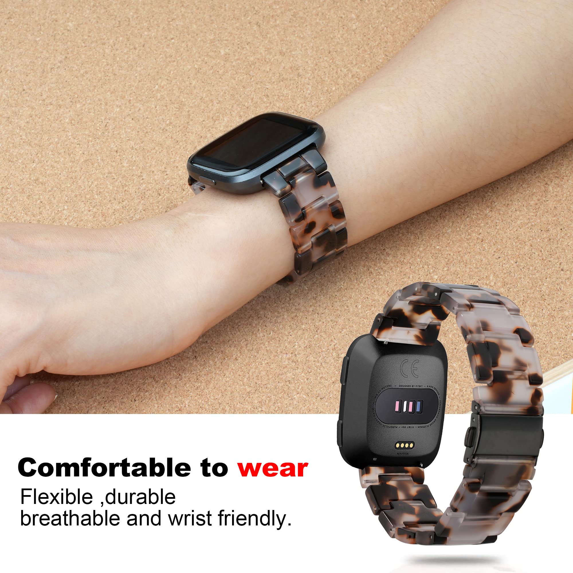 AWSMOR Compatible with Fitbit Versa 2 /Versa/Versa Lite Band Women men Resin Wristbands Strap with Metal Stainless Steel Buckle Replacement for Fitbit Versa 2 Smartwatch（Tortoise Flower）