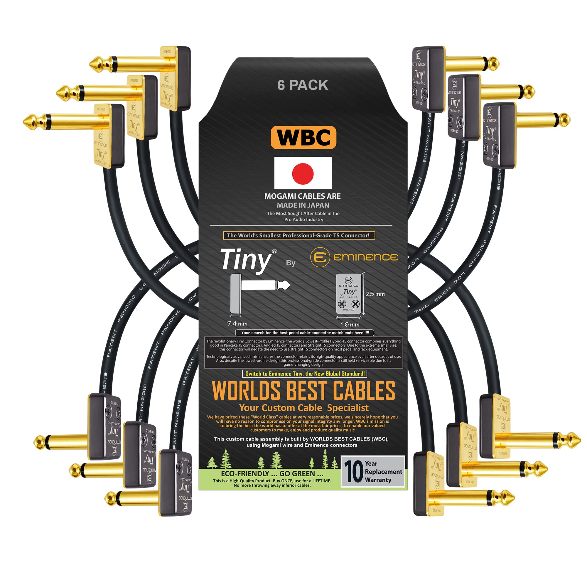 WORLDS BEST CABLES 6 Units - 4 Inch - Pedal, Effects, Patch, Instrument Cable Custom Made Using Mogami 2319 Wire & Eminence Tiny Gold-Plated Angled TS Connectors