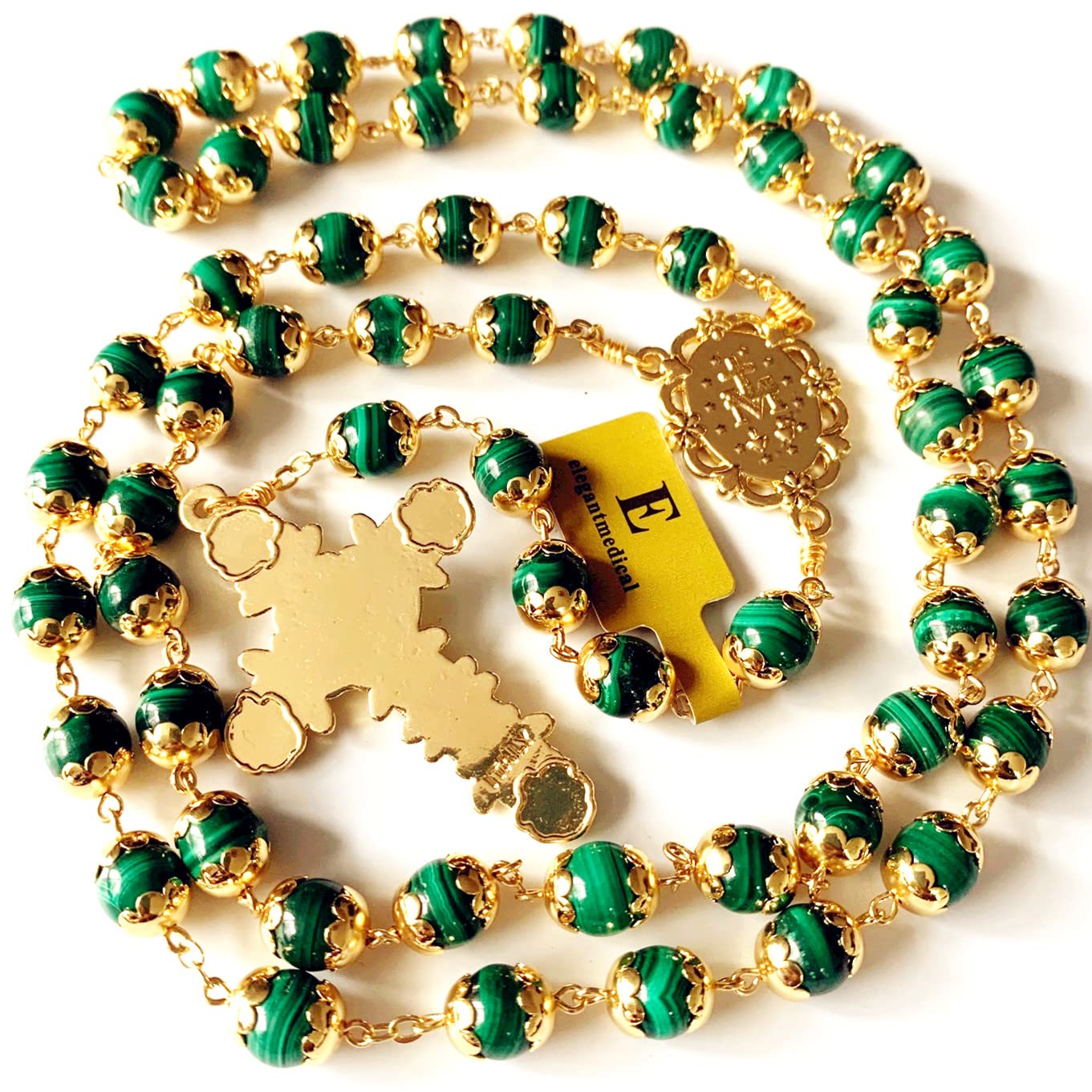 elegantmedical HANDMADE 18K Gold Plated UNDOUBTED Malachite Rosary Prayer Beads Necklace Catholic Gift & Box