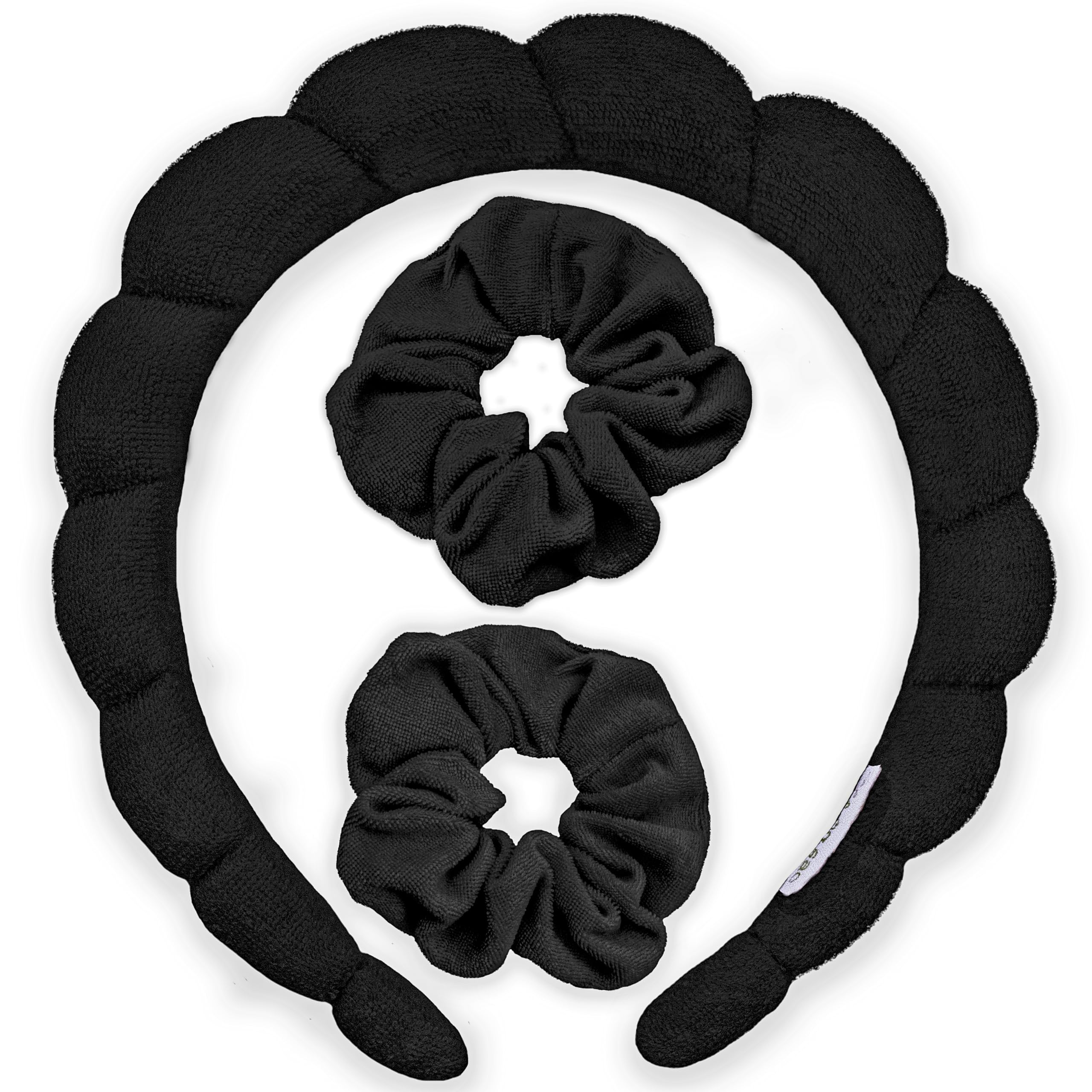 FROG SAC Puffy Spa Headband and Wristbands for Face Washing, Skincare Headbands for Women, Terry Cloth Makeup Skin Care Headbands for Girls, Bubble Make Up Hair Accessories (Black)