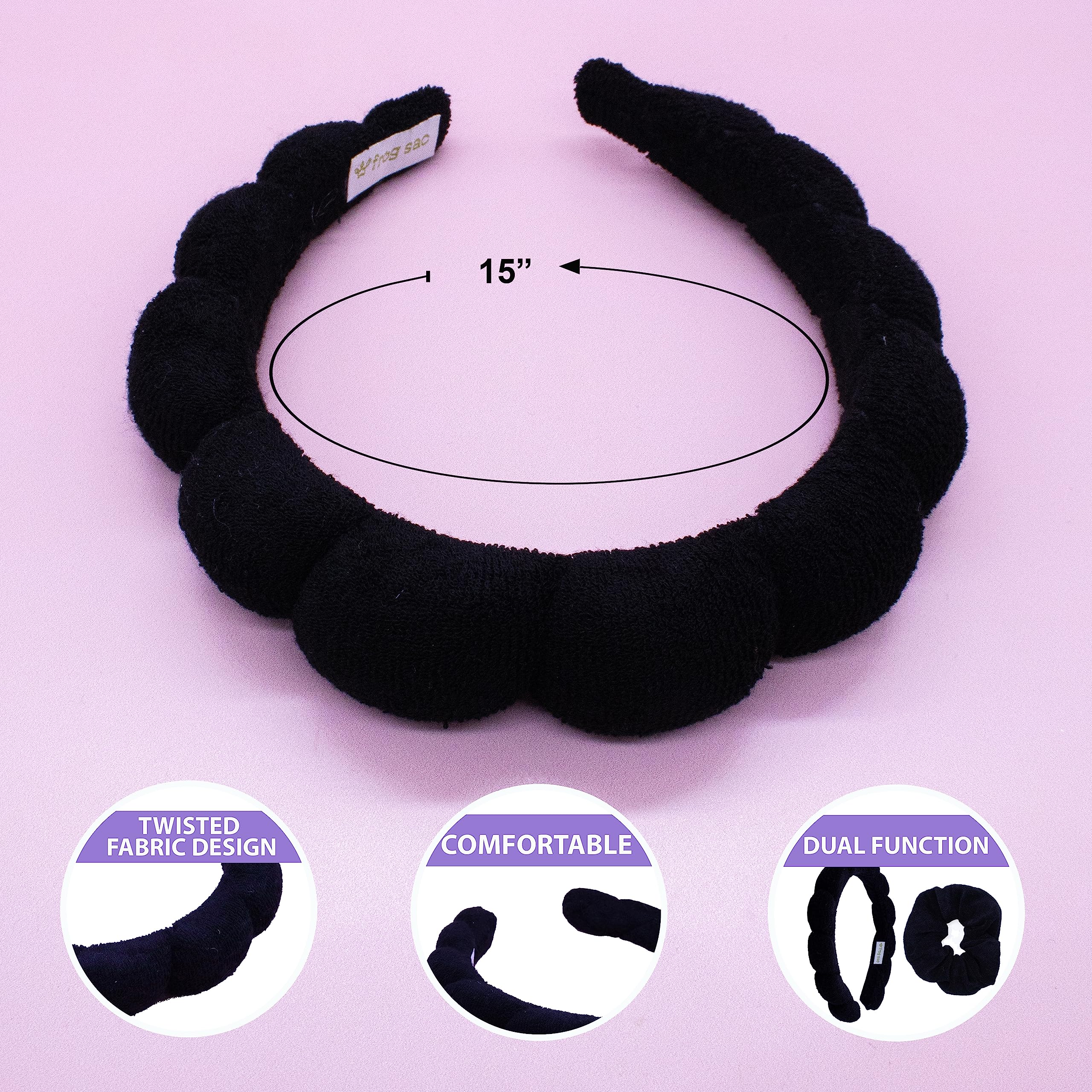 FROG SAC Puffy Spa Headband and Wristbands for Face Washing, Skincare Headbands for Women, Terry Cloth Makeup Skin Care Headbands for Girls, Bubble Make Up Hair Accessories (Black)