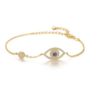 Solid 18K Gold Over 925 Silver Moissanite Evil Eye Bracelet for Women,Dainty Adjustable Evil Eye Charm Chain Bracelet,Fashion Christmas Jewelry Gift for Her (Yellow Gold, 18K Gold)