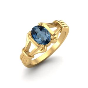 MOONEYE Solid 925 Sterling Silver 7x5mm Oval Shape London Blue Topaz November Gemstone Birthstone Engagement Women Ring (Gold Vermeil, 8)