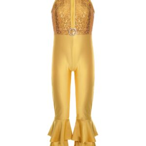 Aislor Girls Sequins Metallic One Piece Full Body Tank Unitard Zipper Back Bodysuit Dance Gymnastics Leotard Jumpsuit Gold 8 Years