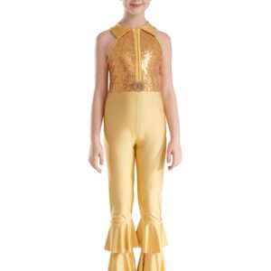 Aislor Girls Sequins Metallic One Piece Full Body Tank Unitard Zipper Back Bodysuit Dance Gymnastics Leotard Jumpsuit Gold 8 Years