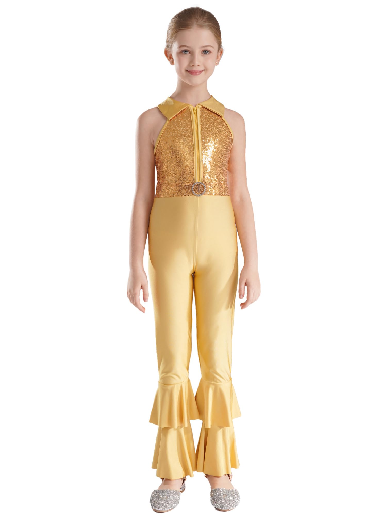 Aislor Girls Sequins Metallic One Piece Full Body Tank Unitard Zipper Back Bodysuit Dance Gymnastics Leotard Jumpsuit Gold 8 Years