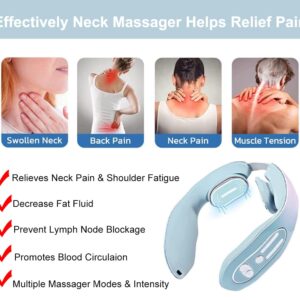 YUJECT Neck Massager Device, Acupoints Lymphatic Drainage Machine, 12 Modes for Pain Relief, Portable Women Men Gift - Blue