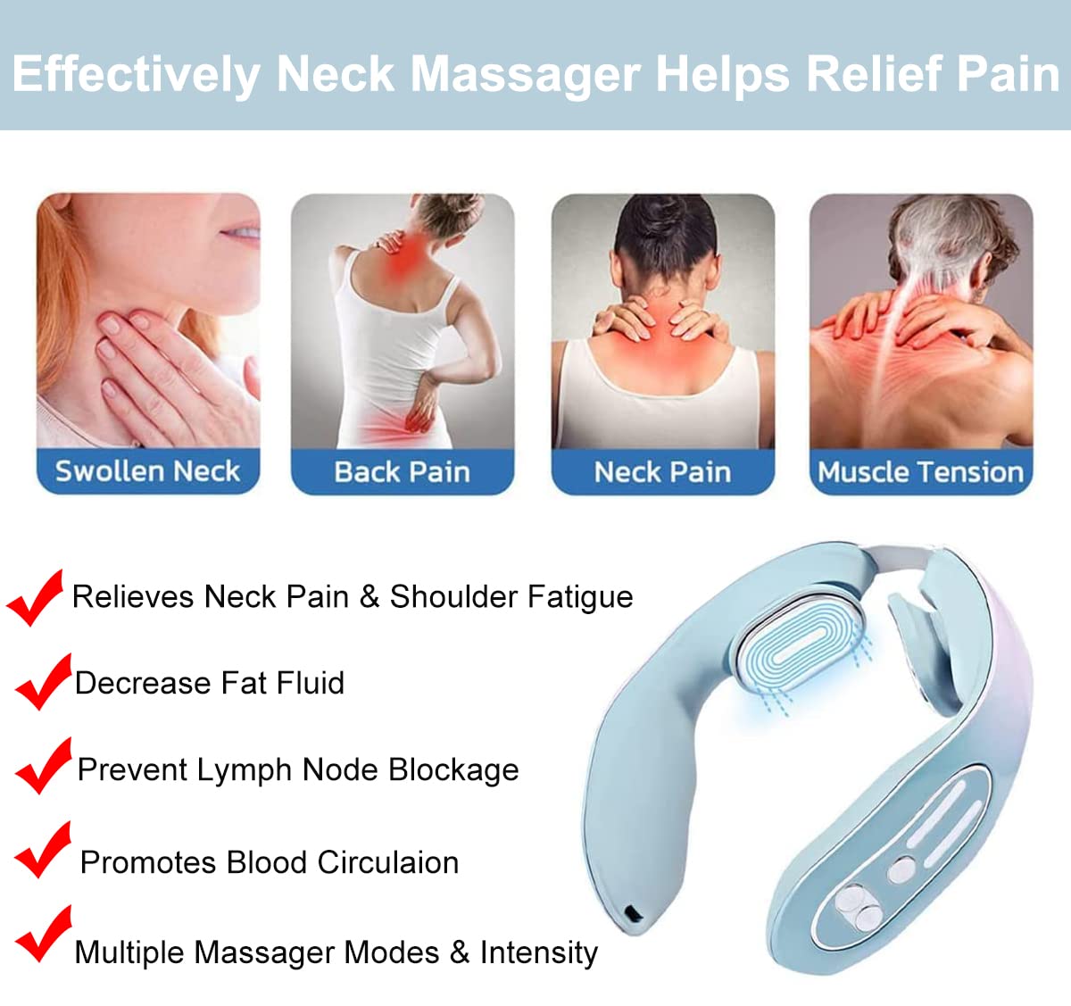 YUJECT Neck Massager Device, Acupoints Lymphatic Drainage Machine, 12 Modes for Pain Relief, Portable Women Men Gift - Blue