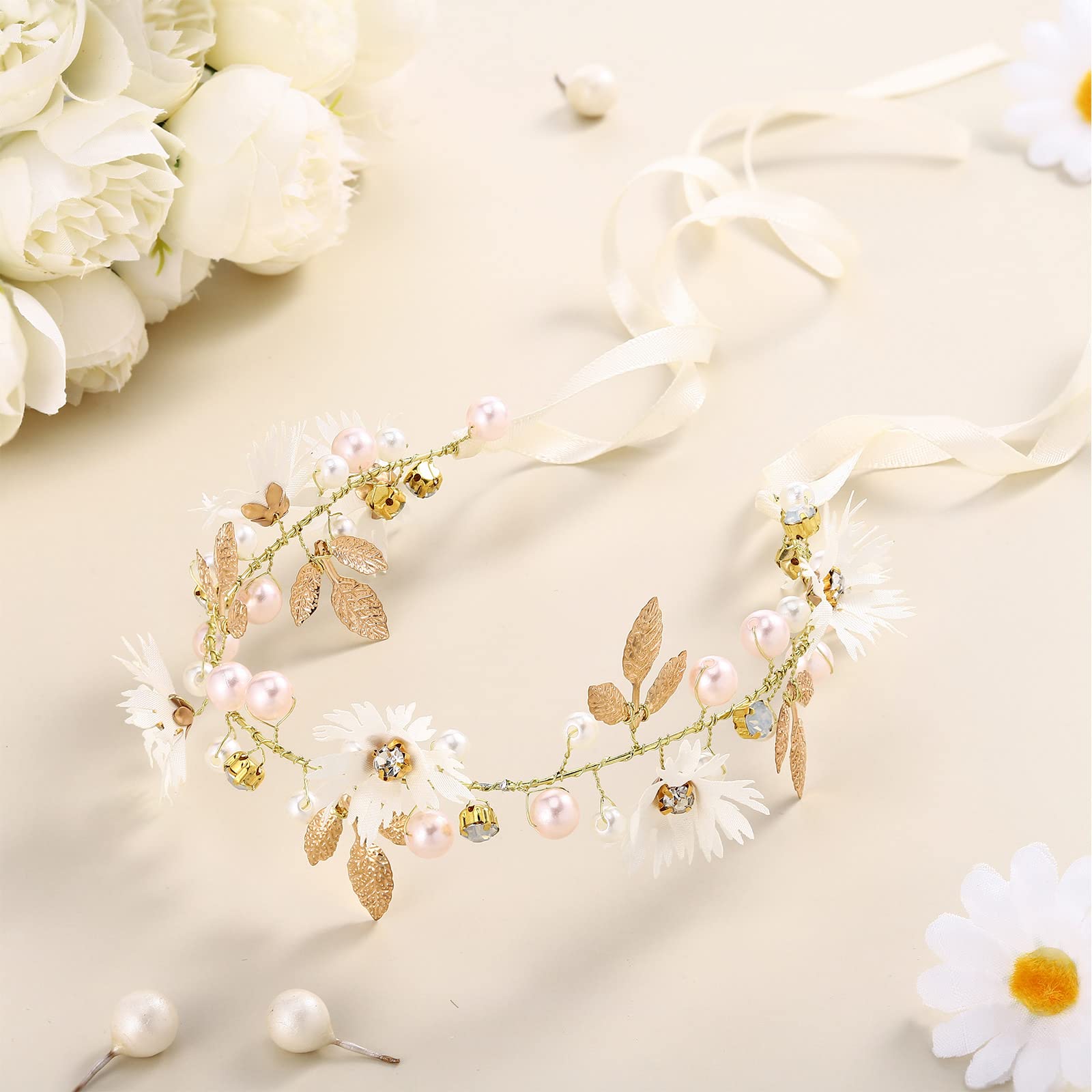 Yinder 4 Pieces Flower Girl Headpiece Wedding Headband for Girls Bridal Hair Vines Crystal Flower Hair Accessory Rhinestone Crown Tiaras for Girls Gold Headpiece for Wedding Party Birthday Kids