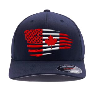 Embroidered Canadian and American Flag Combination hat USA Canada Flag Combo Gift for Men Women Flexfit Hat (Dark Navy, S/M)