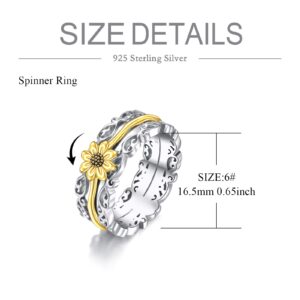 VONALA Sunflower Fidget Rings for Anxiety 925 Sterling Silver Sunflower Spinner Rings for Women Worry Ring Anti Stress Mood Rings Gifts Band Wide 7#