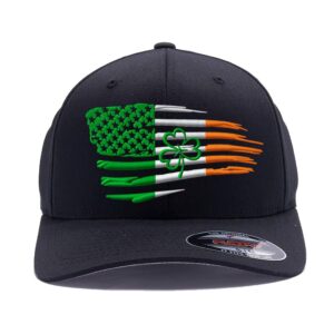 Embroidered Irish American Flag Shamrock hat Ireland St Patricks Day Irish Gift for Men Women Flexfit Hat (Black, L/XL)