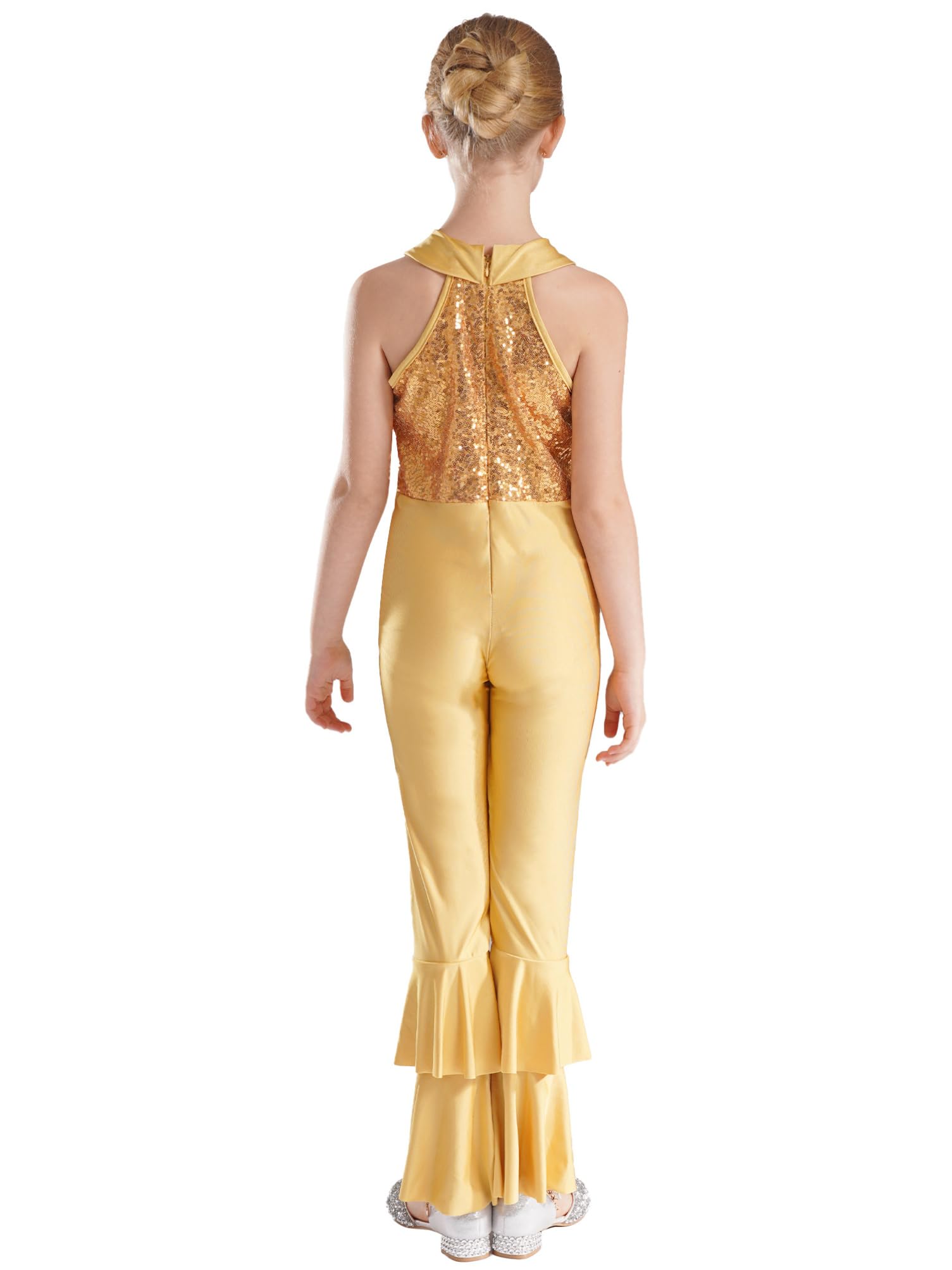 Aislor Girls Sequins Metallic One Piece Full Body Tank Unitard Zipper Back Bodysuit Dance Gymnastics Leotard Jumpsuit Gold 8 Years